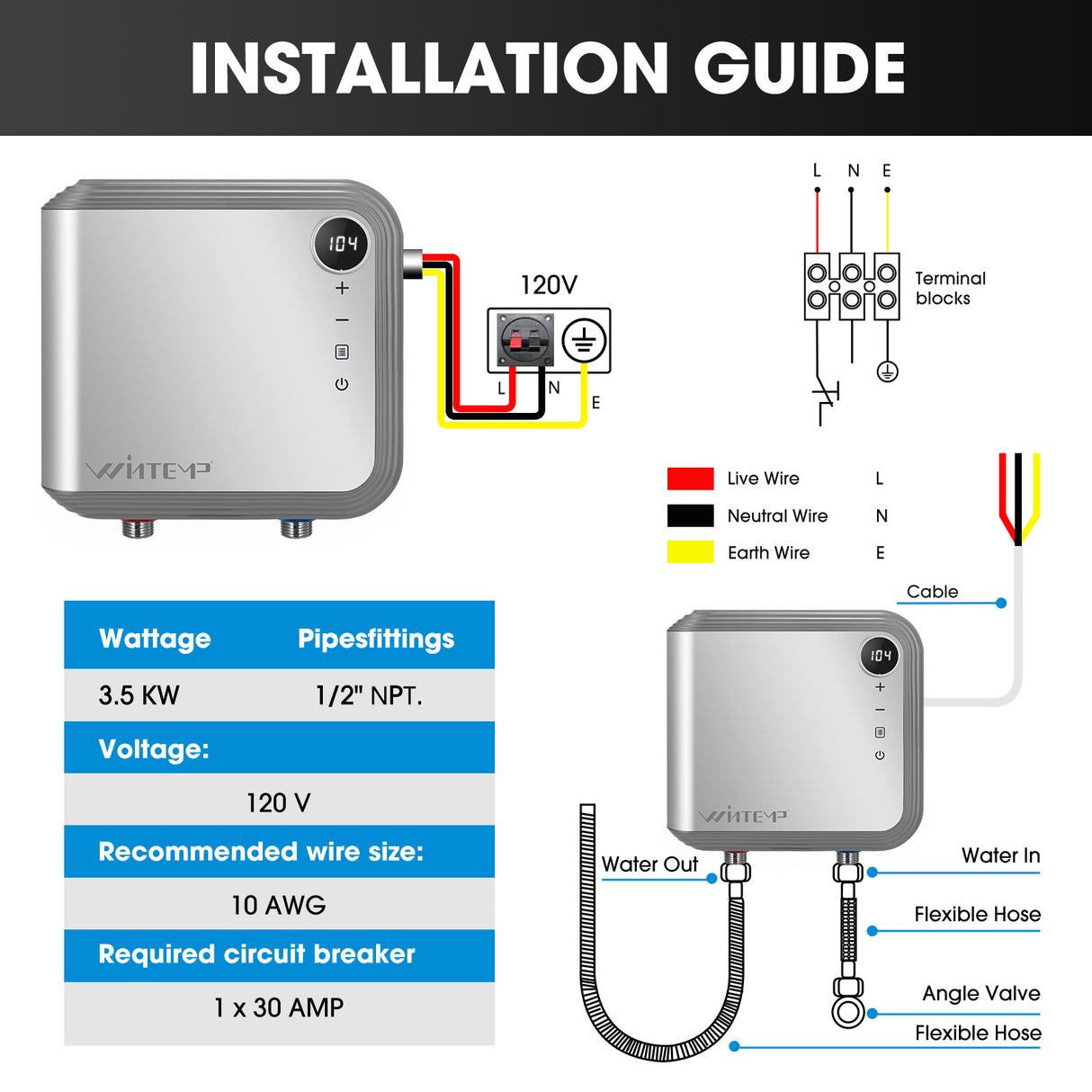 Tankless Water Heater Electric - 120V | 3.5KW KFU135 Silver